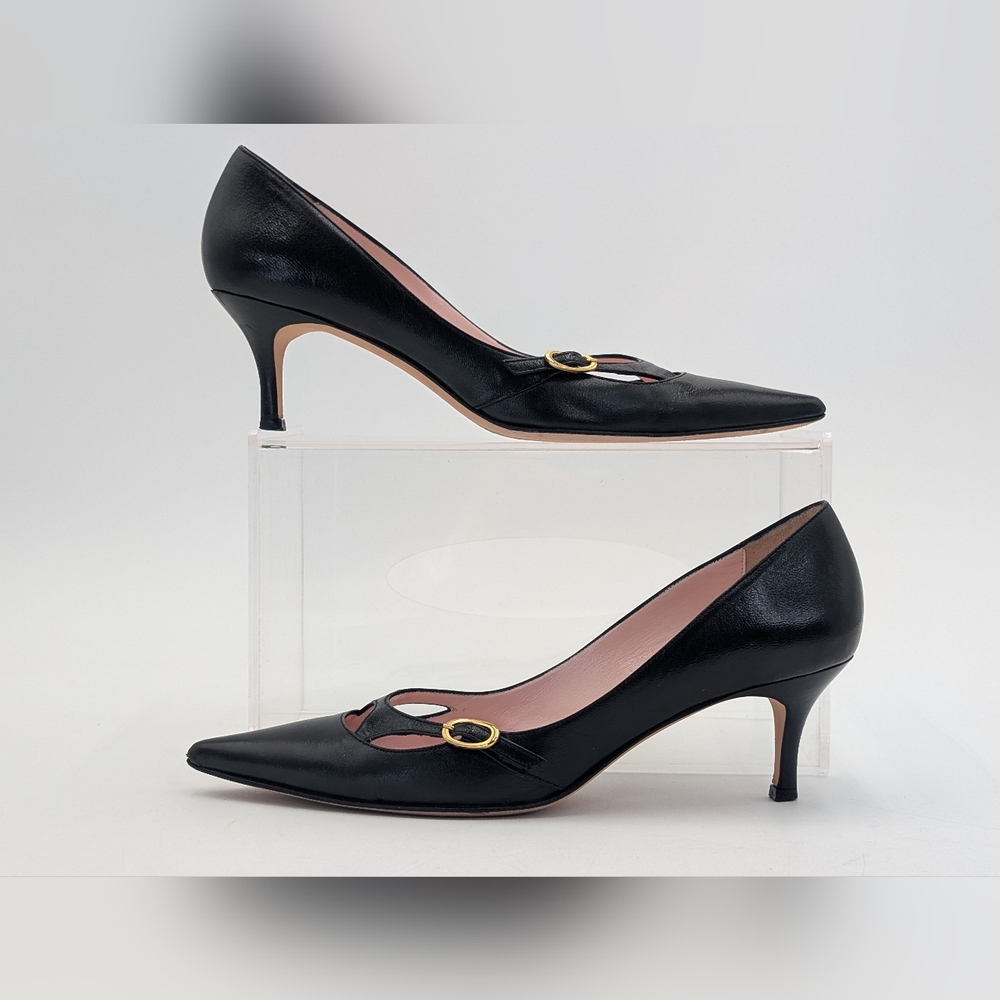 ISAACM MIZRAHI Size 7M Women Genuine Black Leather Heel Gold Buckle Pointed Toe - Picture 9 of 17